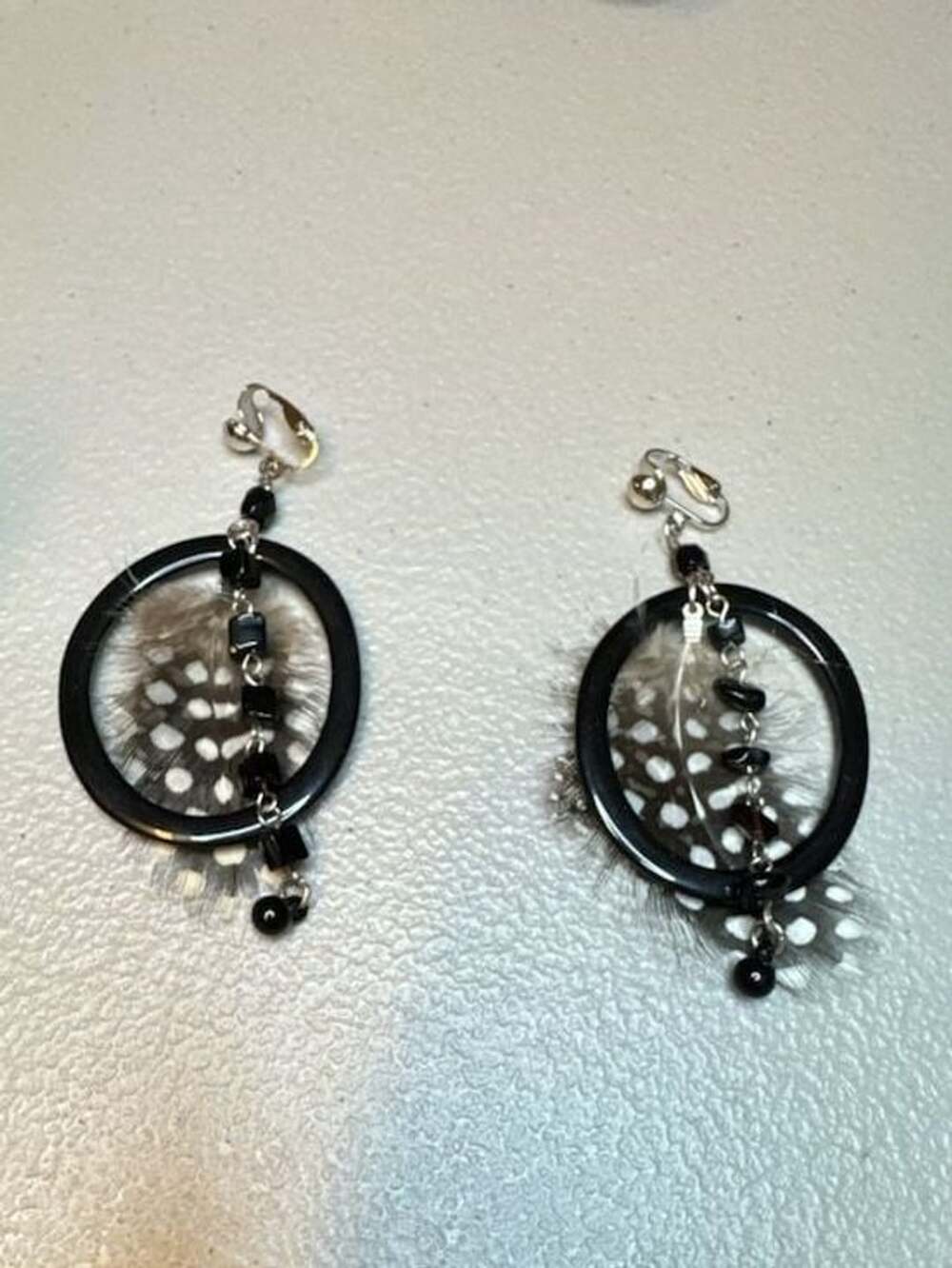 Vintage Black Circle Feather and Beaded Clip-On Earrings